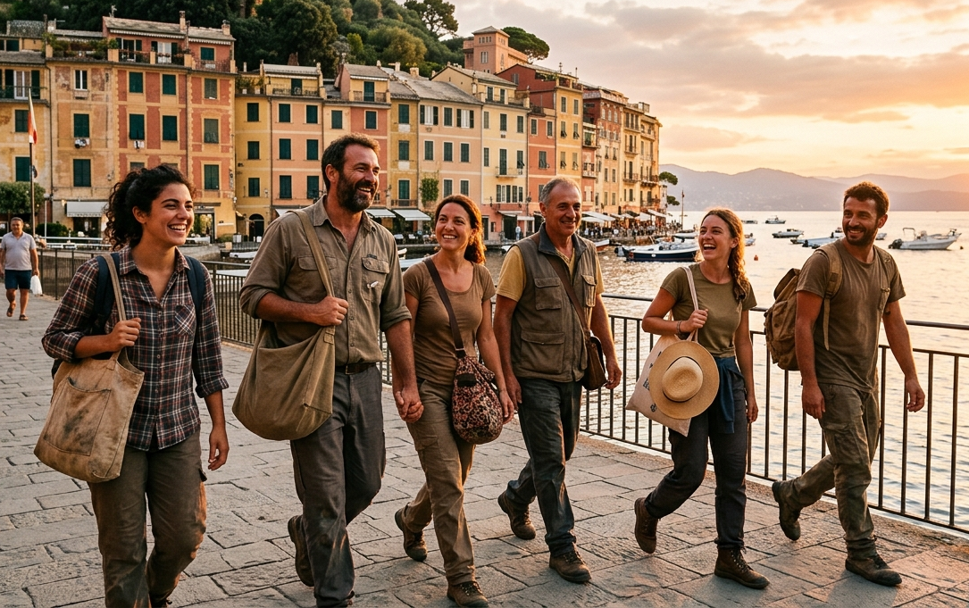 Lavoratori stagionali sulla passeggiata costiera al tramonto