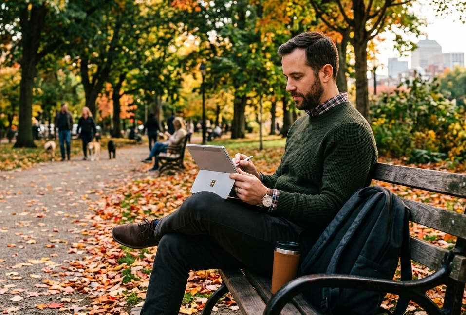 Uomo rilassato su panchina del parco che consulta documenti su tablet