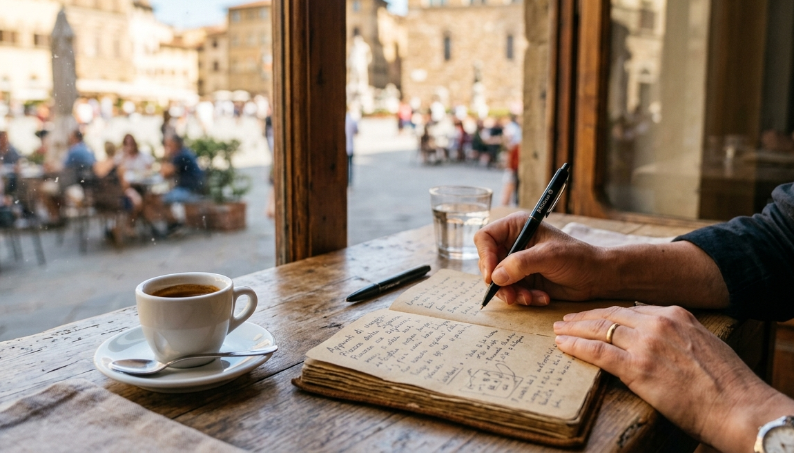 Mani che scrivono appunti su un diario accanto a un espresso in un caffè italiano