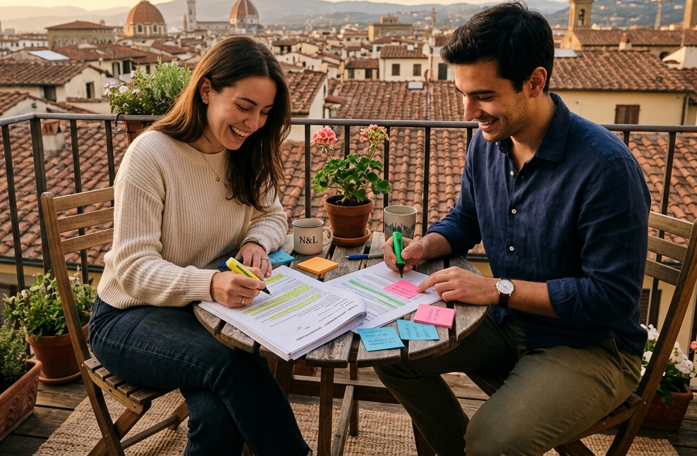 Coppia che consulta documenti contrattuali sul balcone con vista sui tetti