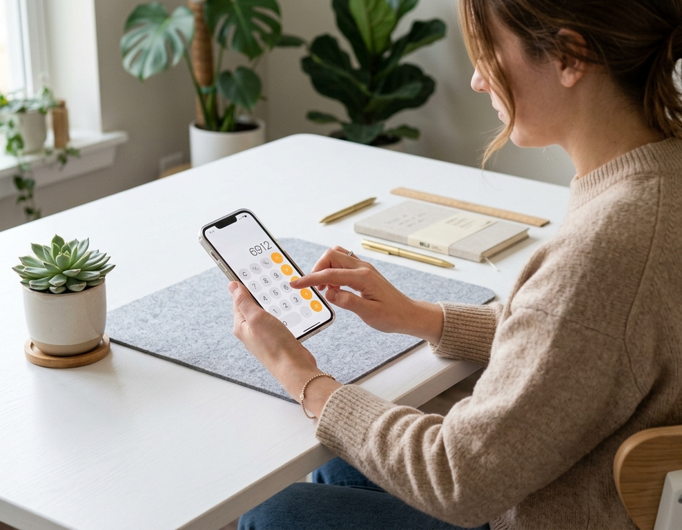 Persona che usa l’app calcolatrice sullo smartphone alla scrivania minimalista